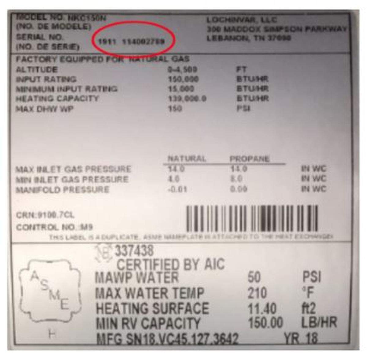 The data plate on the boiler with the model number and serial number