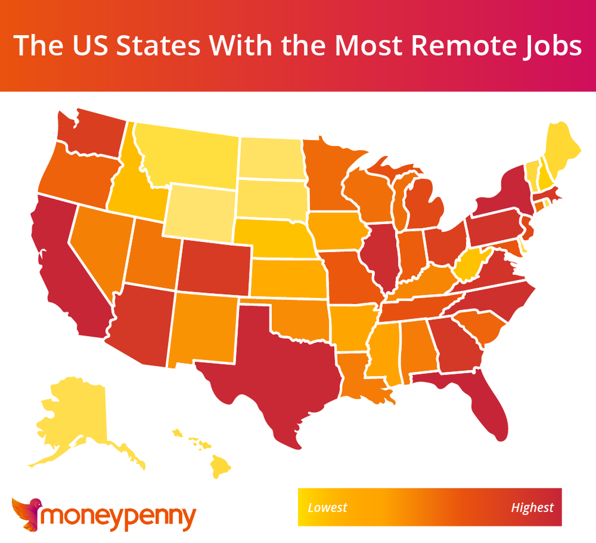 A map of the states with the most and least number of remote jobs during the COVID-19 pandemic, according to a survey of Indeed remote jobs data by Moneypenny on Nov. 5, 2020.