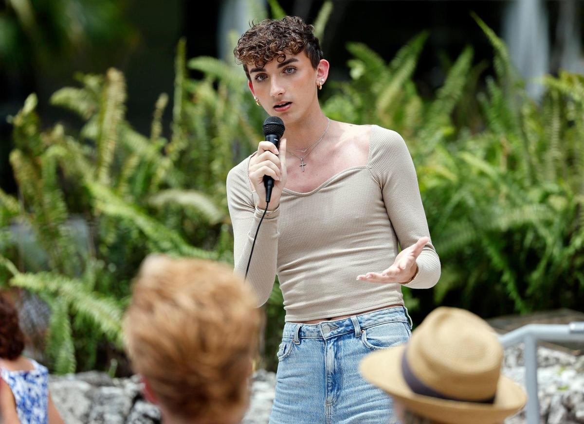 University of Miami student John Castro, 19, asks questions of a UM faculty panel gathered for a teach-in to raise awareness about Florida House Bill 999 and its companion Senate Bill 266. Students and faculty gathered at Rock Plaza on campus in Coral Gables on Tuesday, April 25, 2023.