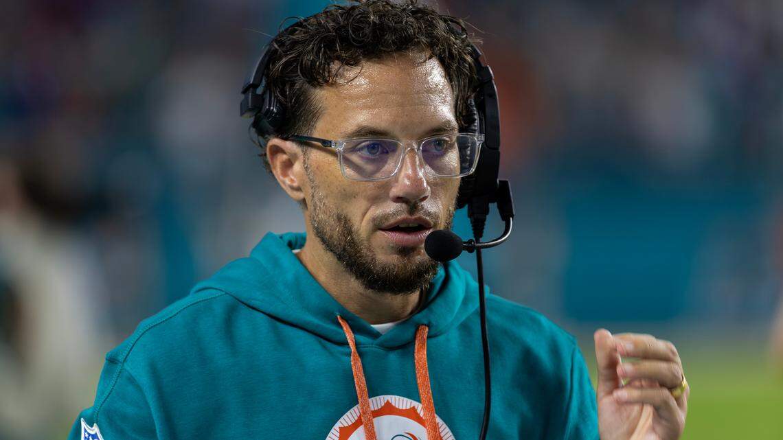 Miami Dolphins head coach Mike McDaniel looks on before their NFL game against the Buffalo Bills at Hard Rock Stadium on Thursday, Sept. 12, 2024, in Miami Gardens, Fla.