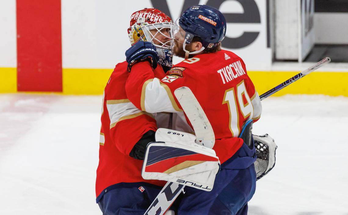 Florida Panthers goaltender Sergei Bobrovsky (72) and Panthers left wing Matthew Tkachuk (19) celebrates their 3-2 overtime win over Vegas Golden Knights during of Game 3 of the NHL Stanley Cup Final at the FLA Live Arena on Thursday, June 8, 2023, in Sunrise, Florida.