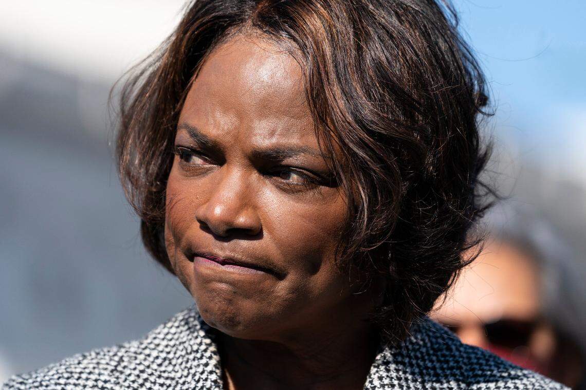 Rep. Val Demings, D-Fla., pauses while speaking with reporters about the Violent Incident Clearance and Technological Investigative Methods (VICTIM) Act, on Capitol Hill, Wednesday, Feb. 9, 2022, in Washington.