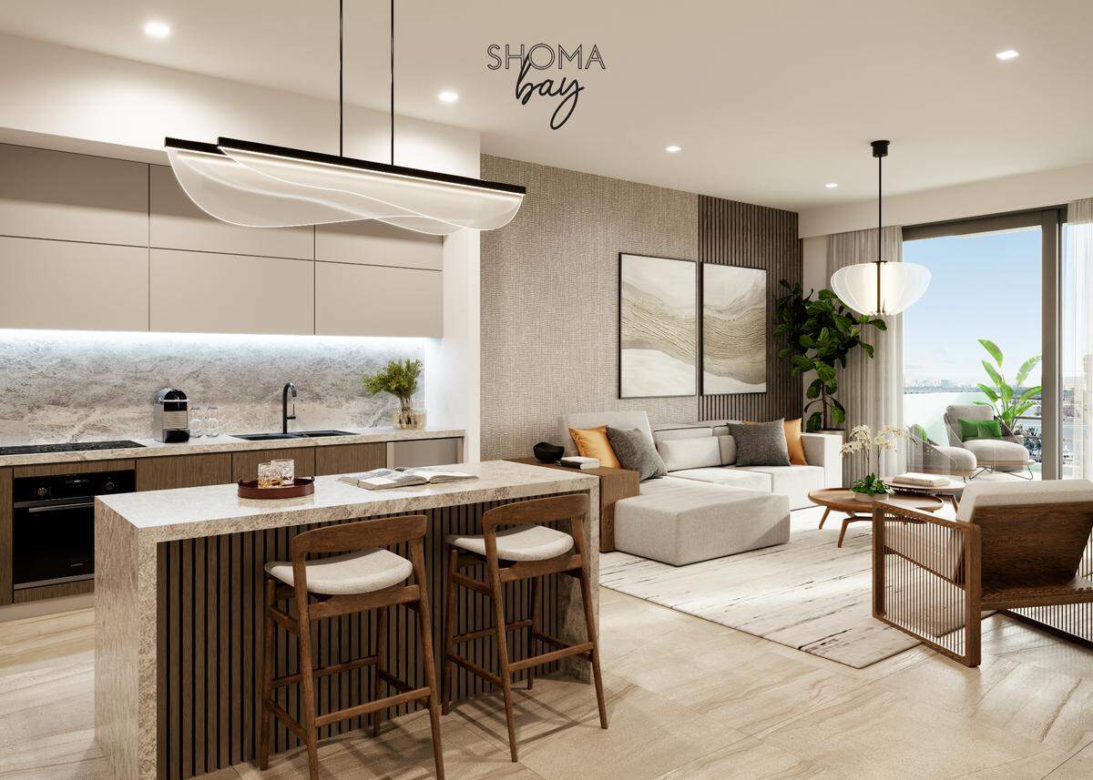Shoma Bay’s unit layouts range from studios to three-bedroom apartments. 