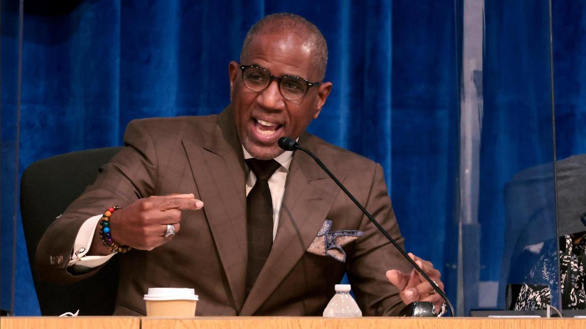 School Board Vice Chair Steve Gallon III addresses remarks made by fellow board member at a special meeting on Jan. 5 to discuss finding a new superintendent.