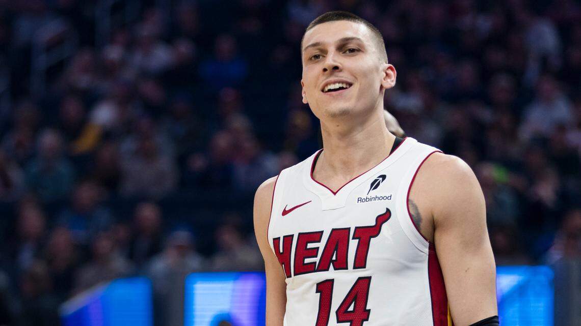 Miami Heat guard Tyler Herro (14) reacts after a foul is called against the Golden State Warriors during the first quarter at Chase Center.