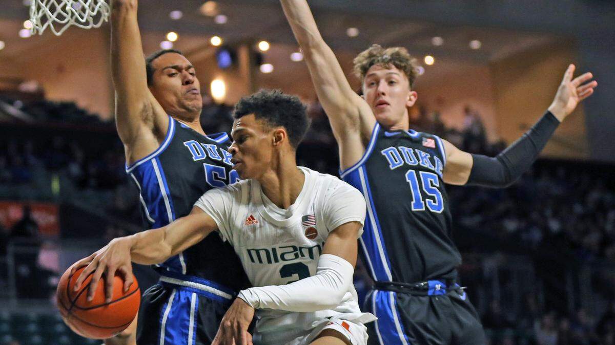 Miami (Fl) Hurricanes guard Isaiah Wong (2), shown against Duke earlier this season, scored a career-high 27 points with 12 rebounds in a triple-overtime 102-95 road win at Virginia Tech on Feb. 20, 2020.