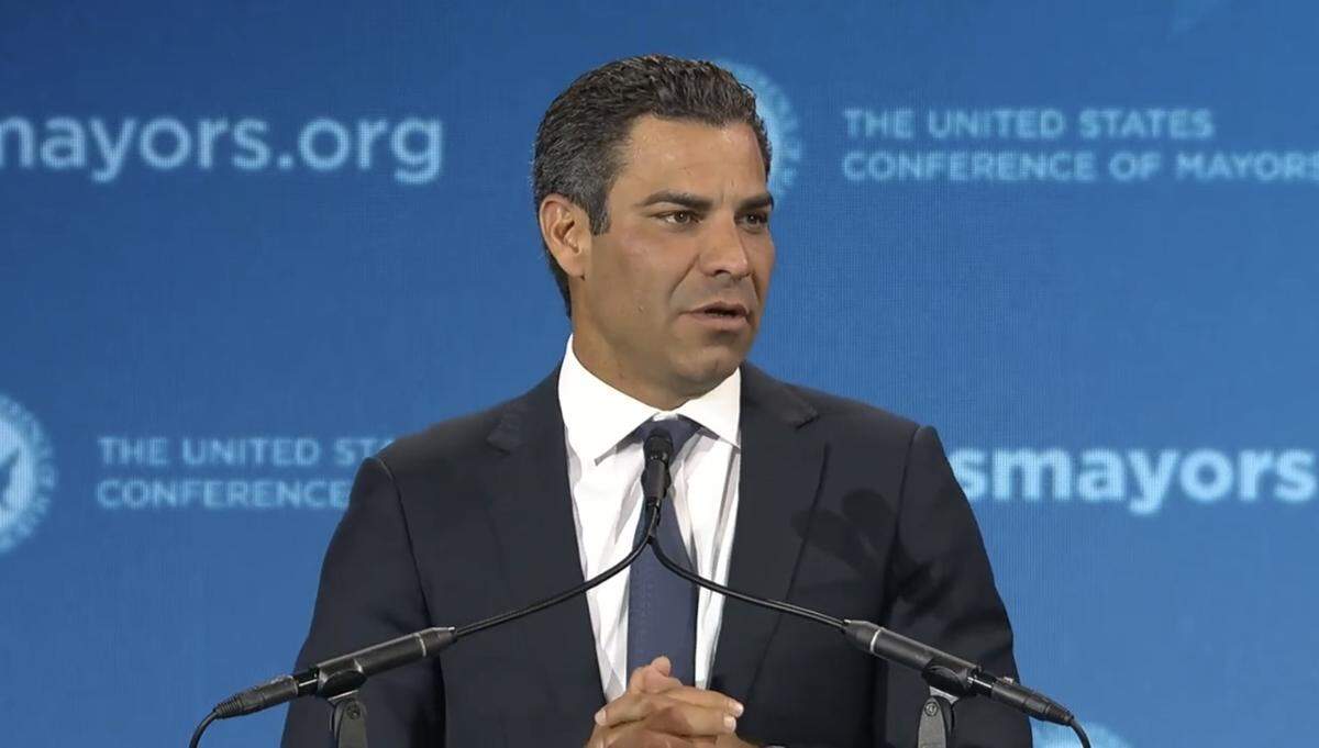 Miami Mayor Francis Suarez speaks during the winter meeting of the U.S. Conference of Mayors in Washington, D.C., on Jan. 18, 2023.