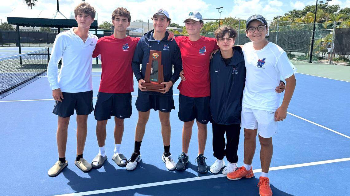 The district champion Miami Country Day boys’ tennis team.