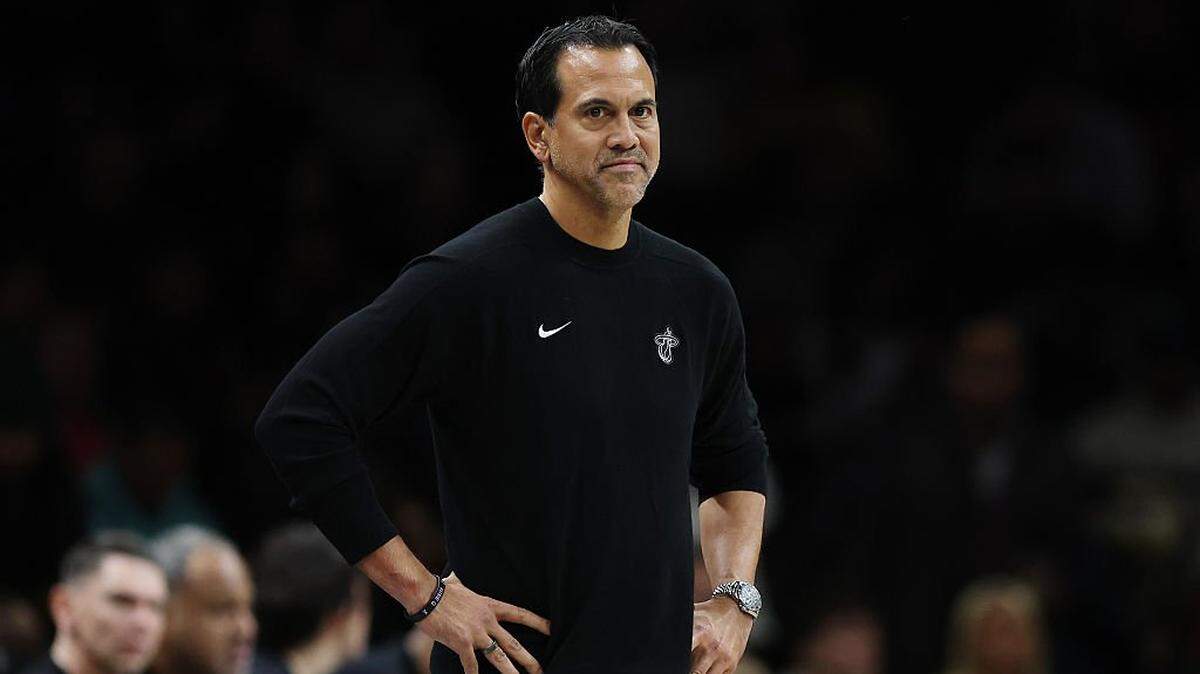 Head coach Erik Spoelstra of the Miami Heat looks on during the first half against the Brooklyn Nets at Barclays Center on December 18, 2025 in the Brooklyn borough of New York City.