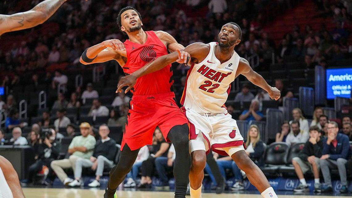 MIAMI, FLORIDA - NOVEMBER 08: Andrew Wiggins #22 of the Miami Heat boxes out Toumani Camara #33 of the Portland Trail Blazers during a free throw during the first quarter at Kaseya Center on November 08, 2025 in Miami, Florida. NOTE TO USER: User expressly acknowledges and agrees that, by downloading and or using this photograph, User is consenting to the terms and conditions of the Getty Images License Agreement. (Photo by Jared Lennon/Getty Images)