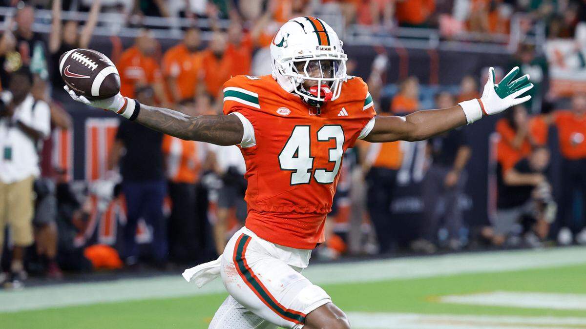 Miami Hurricanes wide receiver Isaiah Horton (43) comes up with ball as the game ends with a Virginia Tech Hail Mary attempt that was initially ruled a 30-yard, game-winning, walk-off touchdown pass from Virginia Tech Hokies quarterback Kyron Drones (1) to wide receiver Da’Quan Felton (9) but the call was overturned after a lengthy review at the ACC conference football game at Hard Rock Stadium on Friday, September 27, 2024, in Miami Gardens, Fla.