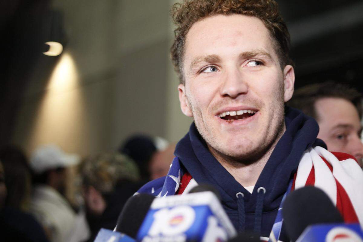Matthew Tkachuk of the United States men’s hockey team arrives with teammates at E11EVEN Miami during a gold medal celebration on Monday, Feb. 23, 2026, in Miami, after returning from Milan following their victory over Canada at the 2026 Winter Olympics in Milan-Cortina, Italy.