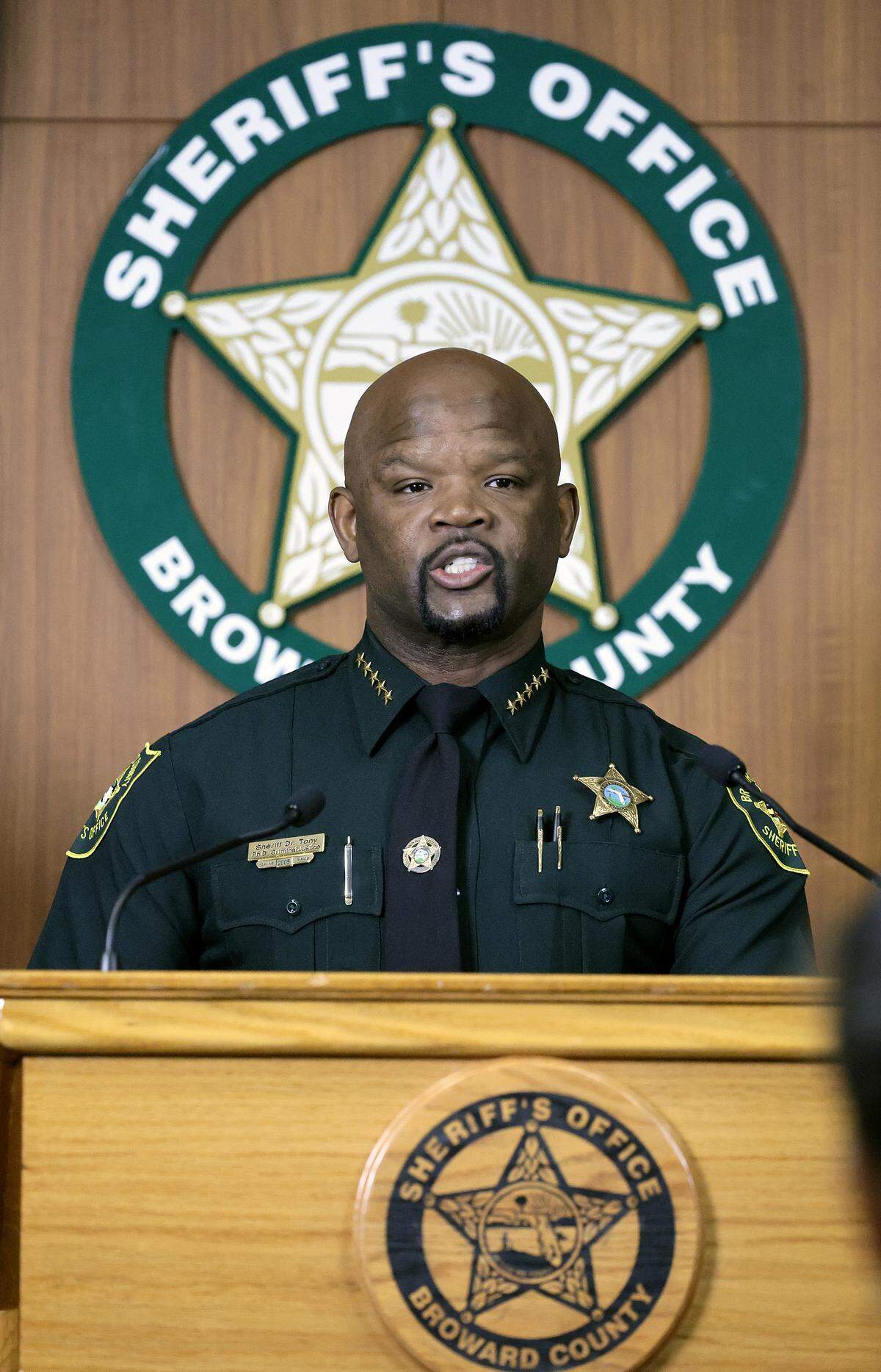 Broward Sheriff Gregory Tony announces that eight BSO deputies have been fired for their bungled response to the triple murders in Tamarac on Feb. 16, 2025, and in their response to the 14 calls made by Mary Gingles in the year leading up to her death. Mary’s estranged husband, Nathan Gingles, has been charged in the murders. Tony spoke at the BSO Public Safety Building in Fort Lauderdale on Friday, Sept. 12, 2025. 