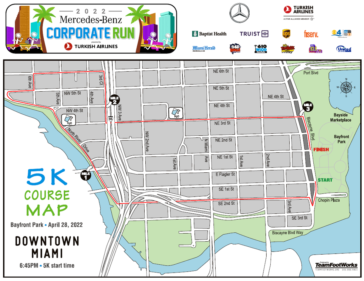 Route of the 2022 Mercedes-Benz Corporate Run in downtown Miami on April 28.