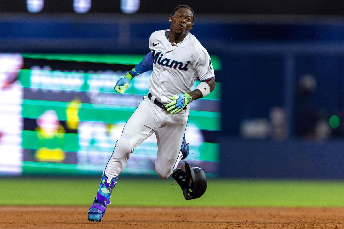 Miami Marlins base runner Jazz Chisholm (2) runs toward third base during the second inning of an MLB game against the Houston Astros at loanDepot park in the Little Havana neighborhood of Miami, Florida, on Tuesday, August 15, 2023.