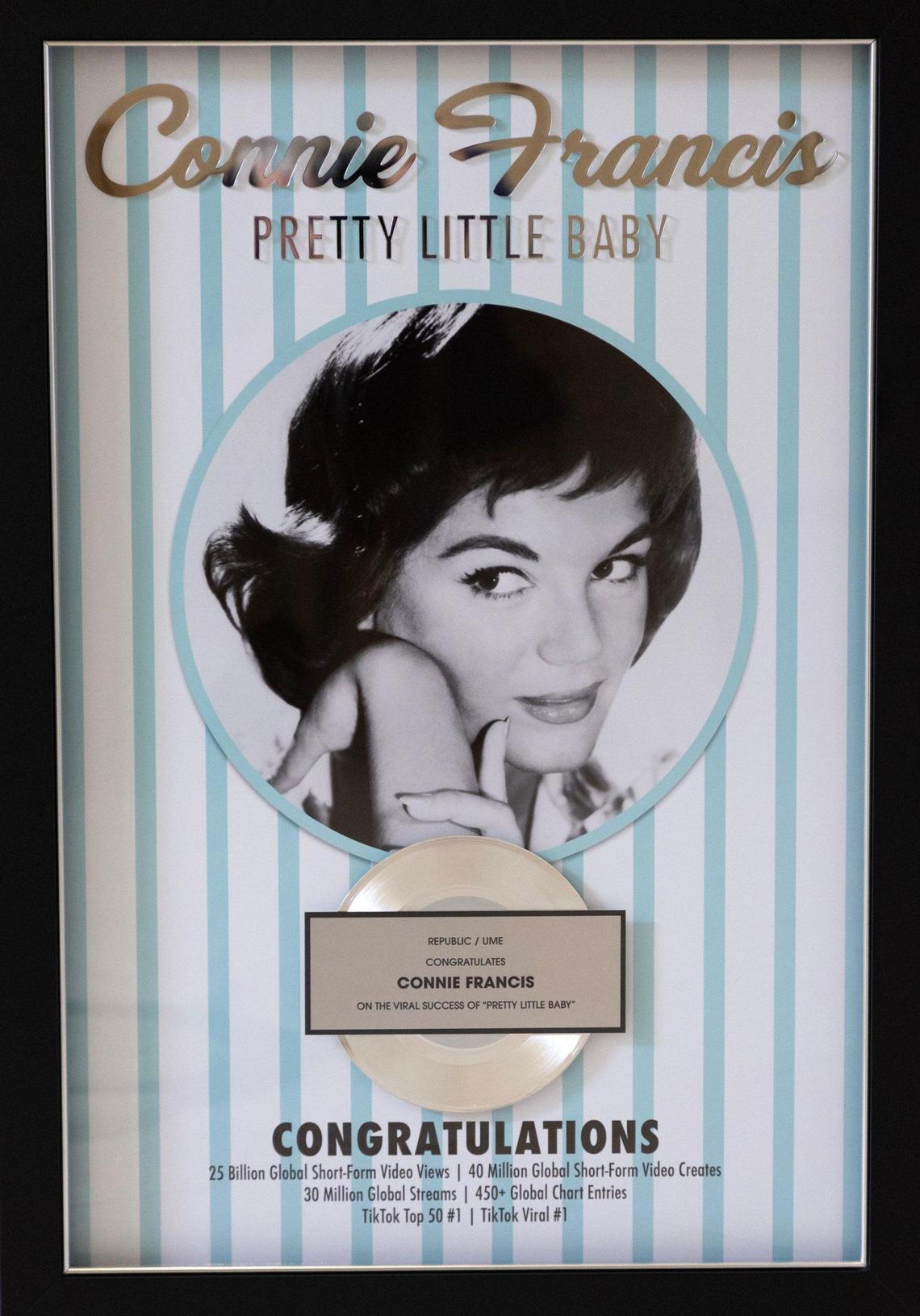 A plaque presented to Connie Francis at her home in Parkland, Florida on Friday, June 6, 2025, commemorates the viral success of her 1962 song “Pretty Little Baby” on TikTok and streaming platforms in the spring of 2025.