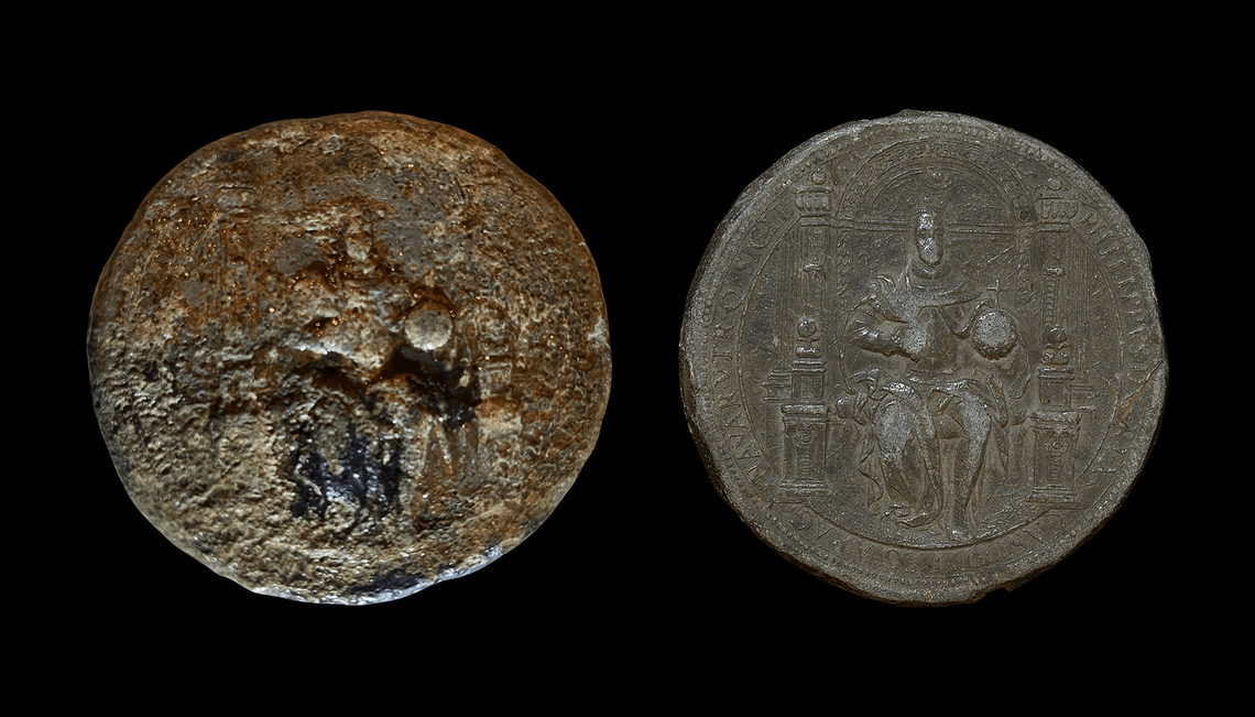 Diver Capt. Mike Perna was hoping for gold or silver coins as he dug through sand at the site. But what he got instead was a disc made of lead, 4 inches across and bearing the “image of a seated figure with all the trappings of royalty.”