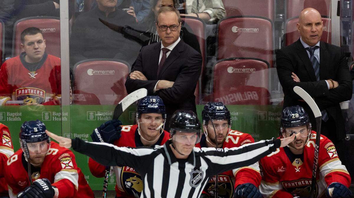 Florida Panthers head coach Paul Maurice watches as his team plays against the Ottawa Senators in the third period of their NHL game at Amerant Bank Arena on Tuesday, April 9, 2024, in Sunrise, Fla.