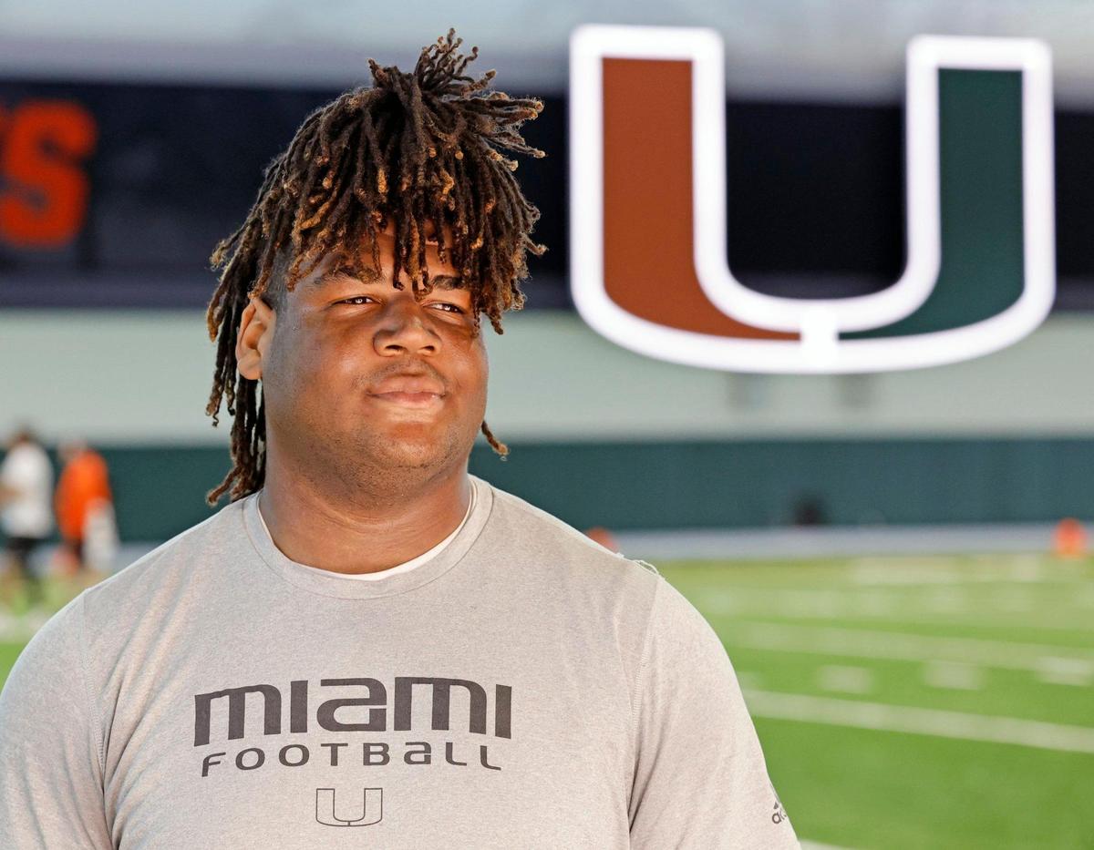 Miami Hurricanes offensive lineman Anez Cooper (73) looks on at the Carol Soffer Indoor Practice Facility at the University of Miami’s Greentree Field on Thursday, March 9, 2023.