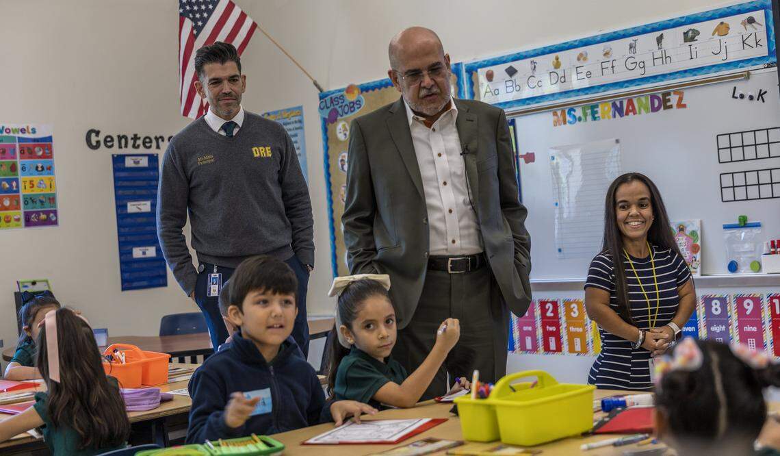 Superintendent of Schools Dr. Jose L. Dotres (right) joined Principal Phil A. Mato as they visited kindergarten students at the Dr. Rolando Espinosa K-8 Center, during the first day of school for Miami-Dade County Public Schools (M-DCPS) in the 2025-2026 school year, on Thursday, August 14, 2025.