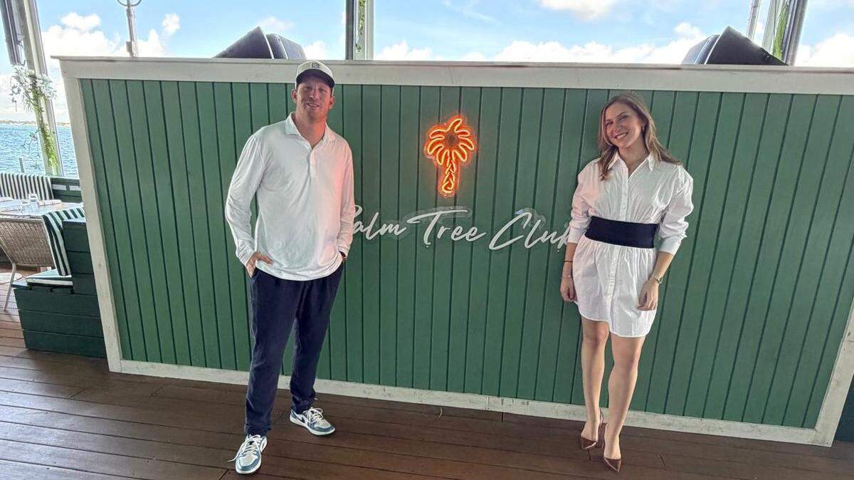Myles Shear, managing partner and founder of Palm Tree Club and Kassidy Angelo, managing director of Gioia Hospitality, at the North Bay Village restaurant.