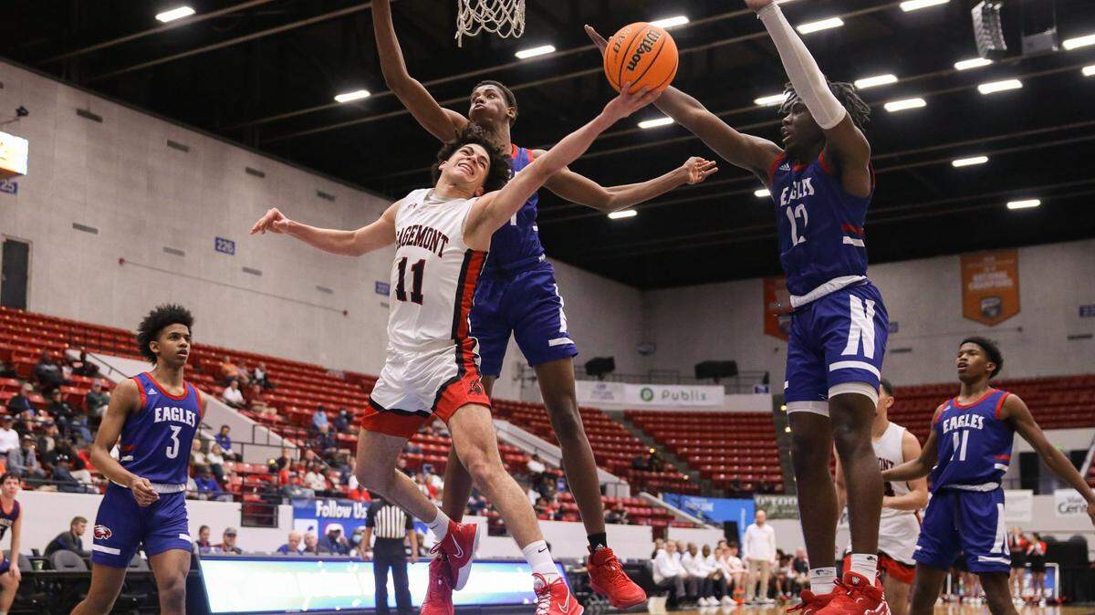 Sagemonts Adrian Cruz (11) gets inside to score against North Florida Educational in the Class 2A boys basketball semifinal at the RP Funding Center in Lakeland on Wednesday, March 2, 2022.

