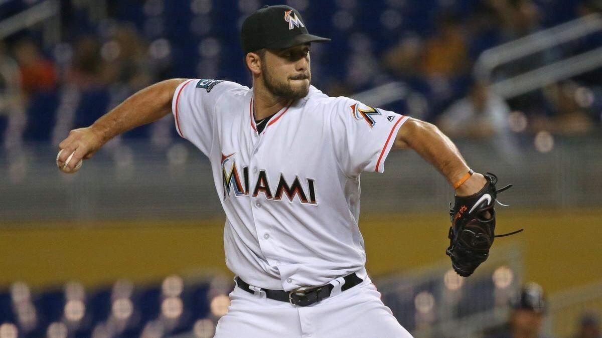 Miami Marlins pitcher Kyle Barraclough pitches during the ninth inning of a Major League Baseball game against the Milwaukee Brewers at Marlins Park on Wednesday, July 11, 2018.