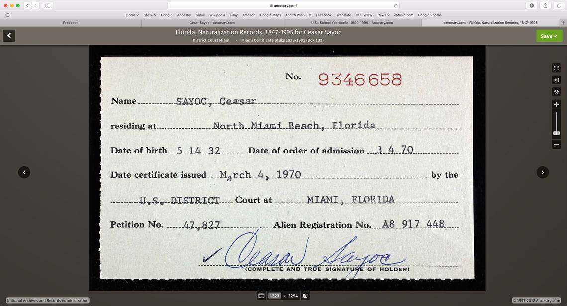 An immigration naturalization certificate for a Ceasar Sayoc of North Miami Beach, believed to be the father of Cesar Sayoc,  shows the elder Sayoc was naturalized in March 1970. According to ancestry.com, a genealogy company, Ceasar Sayoc, who was born in 1932, immigrated from the Philippines.  The younger Sayoc, 56, of Aventura, was arrested Friday for allegedly mailing pipe bombs to prominent Democrats.