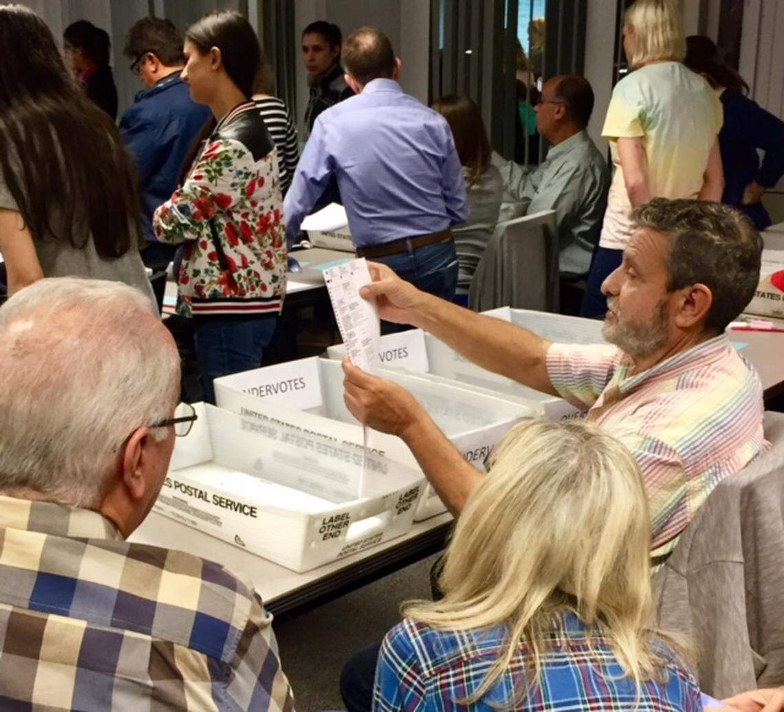 The manual recount of ballots progressed Friday evening at the Miami-Dade Elections Department, with Supervisor Christina White at the front of the room on the canvassing board.
