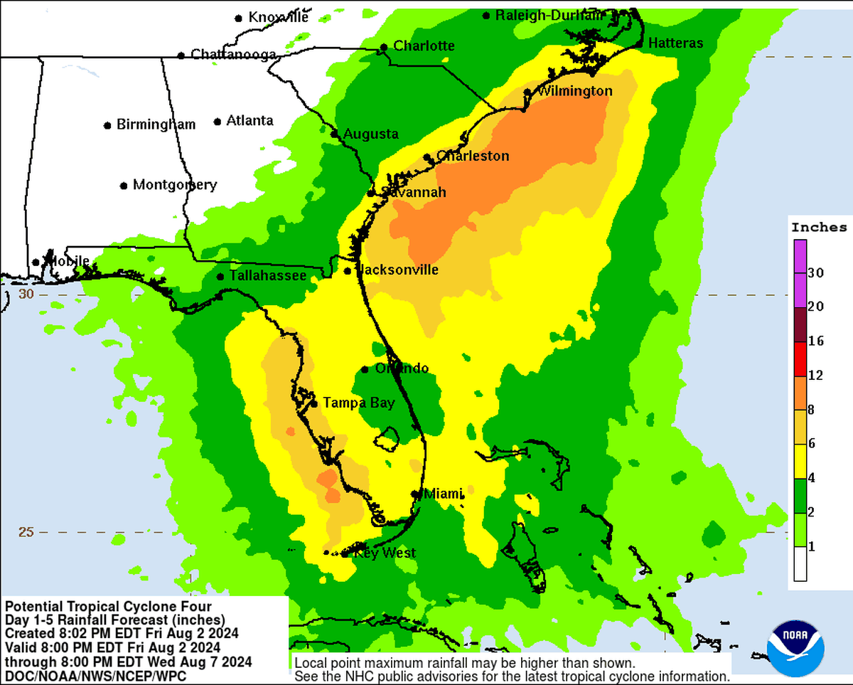 Through Monday, South Florida could see up to 4 inches of rain, with the highest levels in the state felt north of Tampa Bay at around 12 inches.