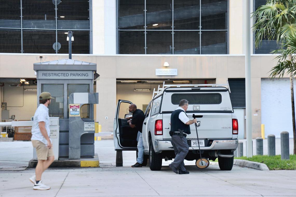 Security personnel screen vehicles at the north entrance security checkpoint of the Wilkie D. Ferguson Jr. U.S. Courthouse, Tuesday, June 13, 2023, in Miami, where former President Donald Trump will be arraigned Tuesday afternoon.
