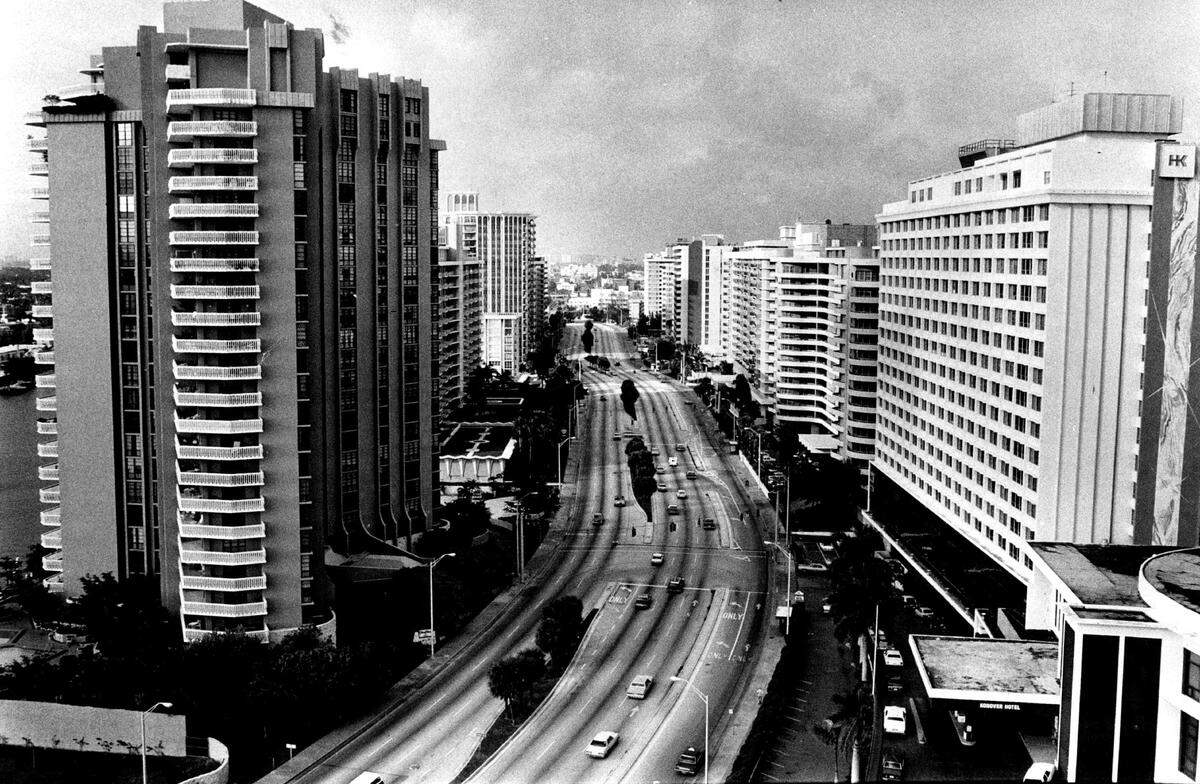 Collins Avenue's "concrete canyon," looking north from the 5300 block in 1984.