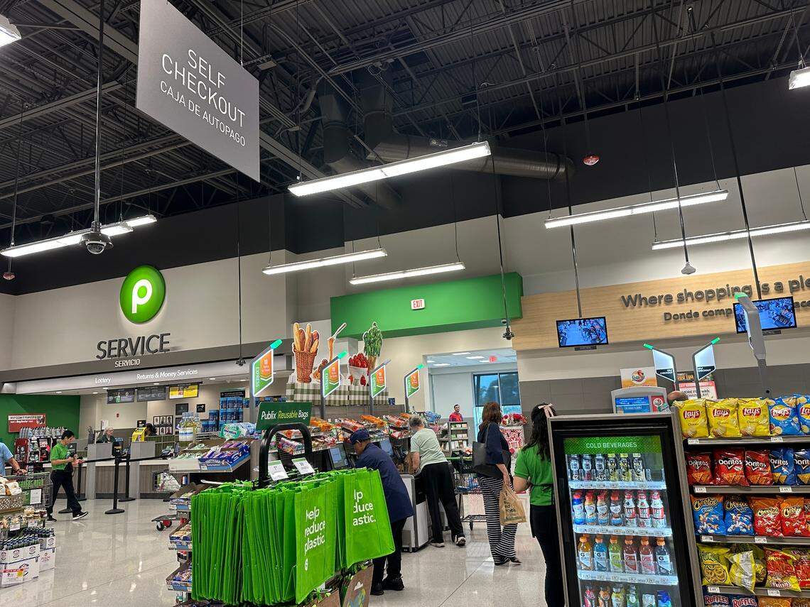 Self checkout lanes as well as traditional cashier aisles at the new Briar Bay Publix across the street from The Falls at 13005 SW 89th Pl. on March 2, 2025, a few days after the rebuilt store opened.