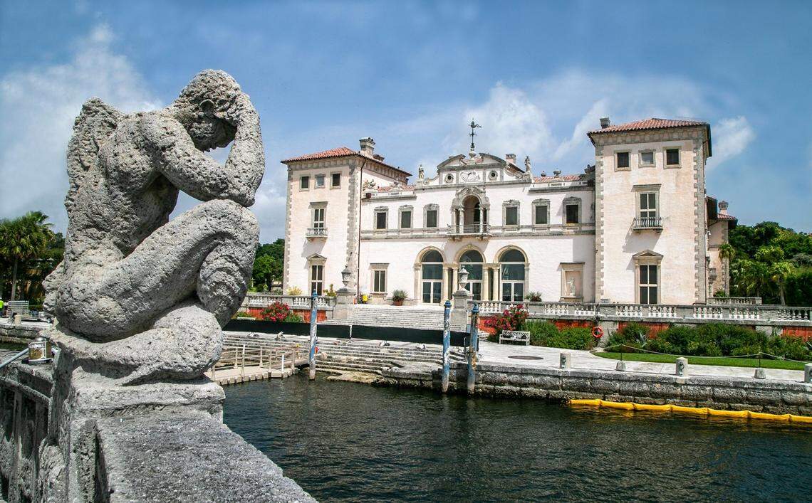 A view of the historic Vizcaya Museum and Gardens main house from Biscayne Bay.