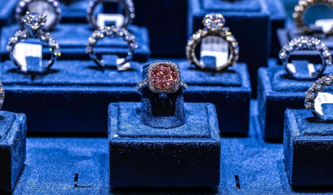 View of an 18-karat gold rare pink lab diamond ring from the Liori Diamonds Lab Diamonds collection, for sale at the jeweler’s shop in Sunny Isles Beach, Florida, on Thursday, Feb. 6, 2025.