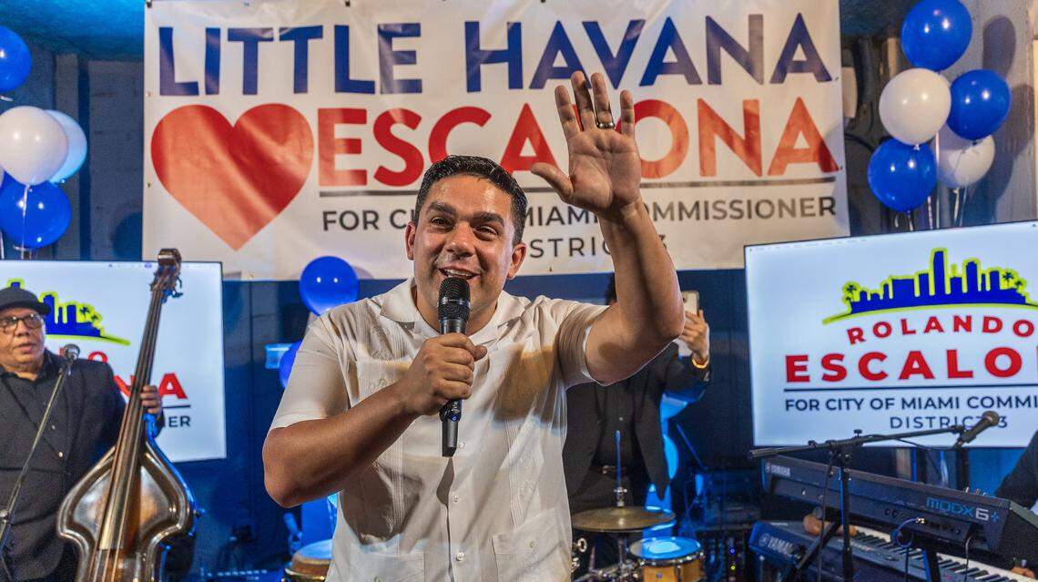 Rolando Escalona speaks to supporters after winning the race for the Miami City Commission District 3 seat, which includes much of Little Havana, in December.