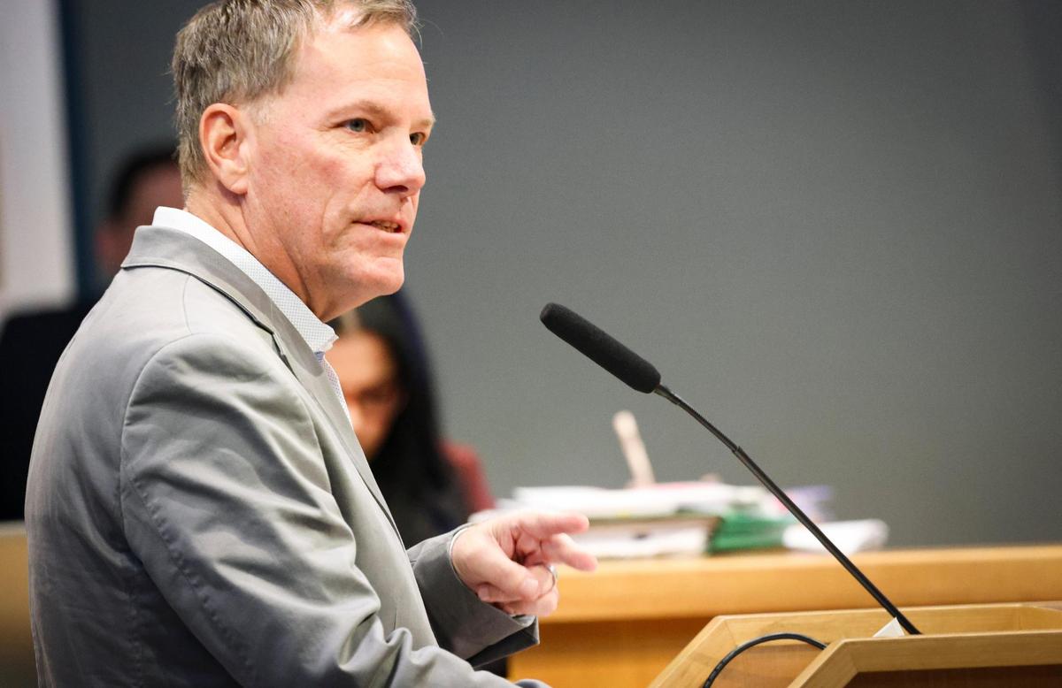 Steven Smith, the resident who challenged the installation of gym equipment in Maurice Ferré Park through the city’s warrant process, speaks during the public comment section of a Miami City Commission meeting on Thursday, Nov. 21, 2024, at Miami City Hall.