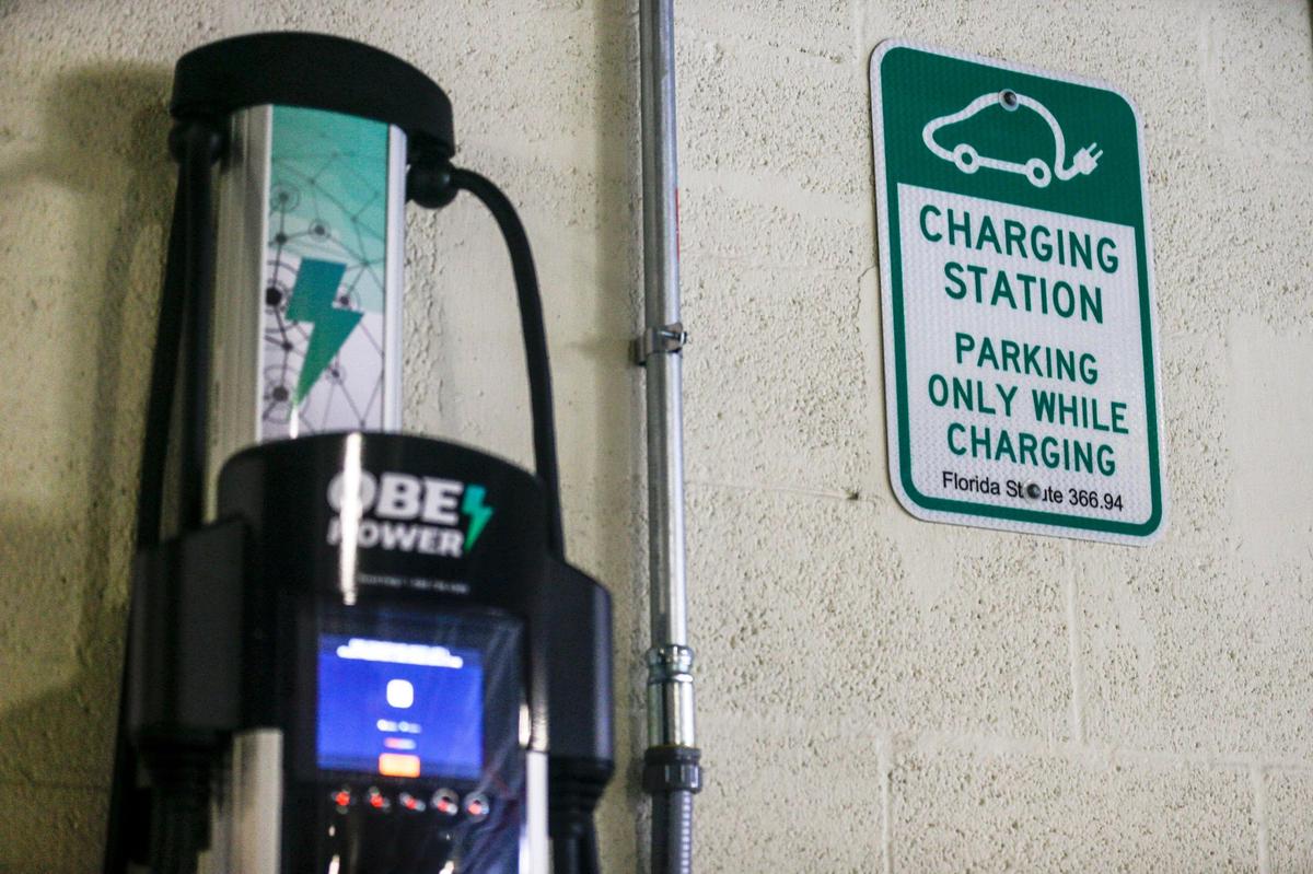 New charging stations for electric vehicles were installed on Miami-Dade County property at West Lot Garage on 220 NW 3rd Street, as part of its transition to low carbon transportation to combat climate change in Miami, Florida, Thursday, September 30, 2021
