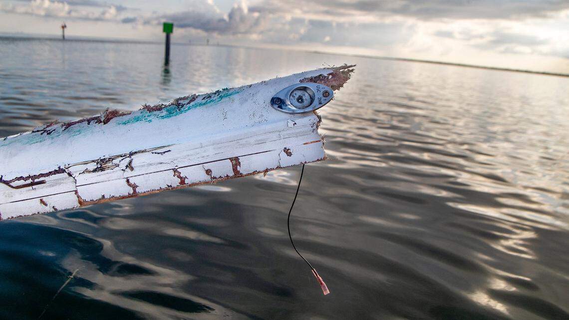 View of a fiberglass piece from the hull of a boat that crashed into the channel marker #15 in the intracoastal Waterway on Biscayne Bay where a tragic fatal accident happened last Sunday September 4th, killing Miami-Dade County high school senior Luciana Lucy Fernandez and sending 14 people into the water. on Thursday September 08, 2022.