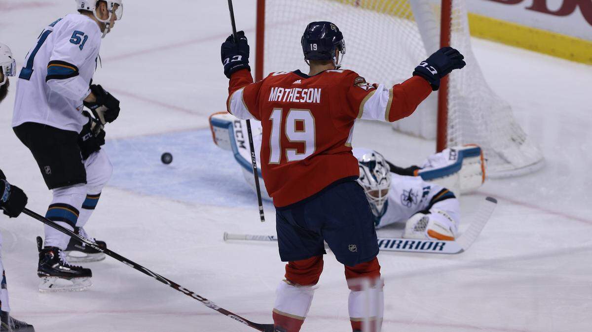 Panthers #19 Mike Matheson celebrates a second period goal as the Florida Panthers host the San Jose Sharks at the BB&T Center Monday, January 21, 2019.