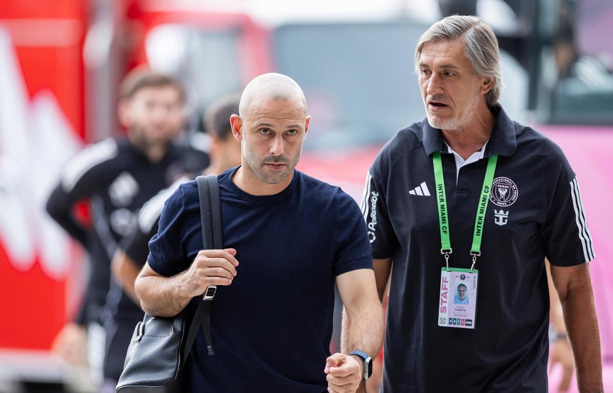 Inter Miami head coach Javier Mascherano arrives to Chase Stadium before his team plays against CF Montréal in an MLS match at Chase Stadium on Wednesday, May 28, 2025, in Fort Lauderdale, Fla.