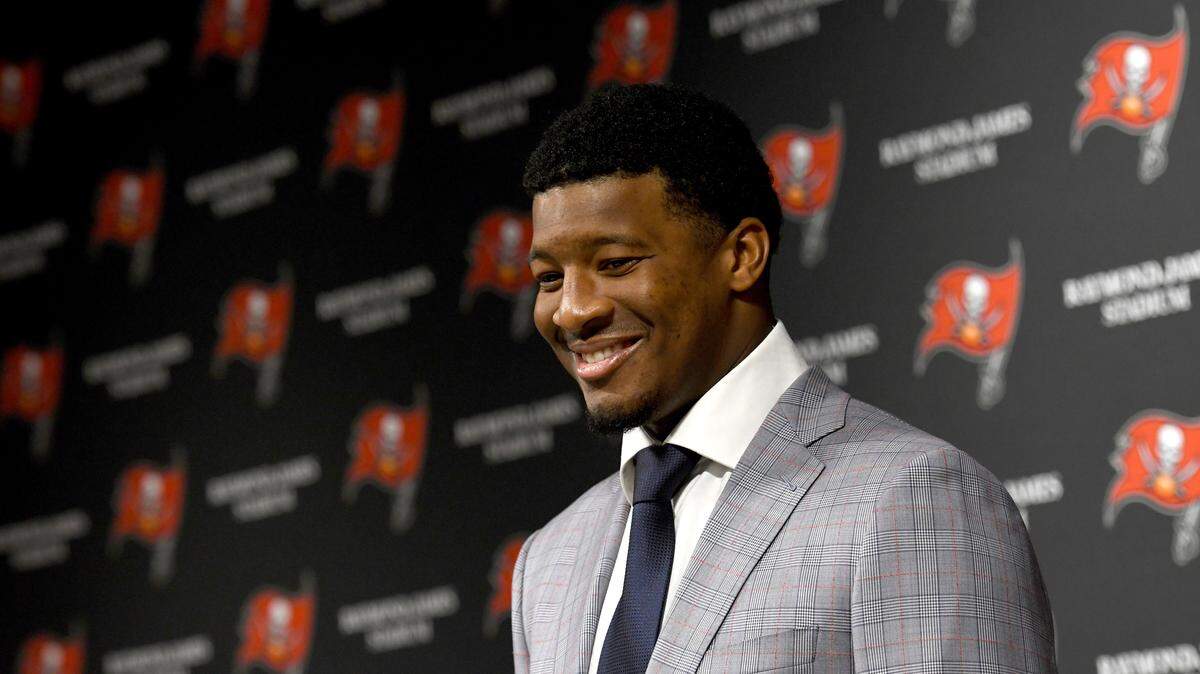 Tampa Bay Buccaneers quarterback Jameis Winston (3) talks with the media following an NFL football game against the San Francisco 49ers Sunday, Nov. 25, 2018, in Tampa, Fla.