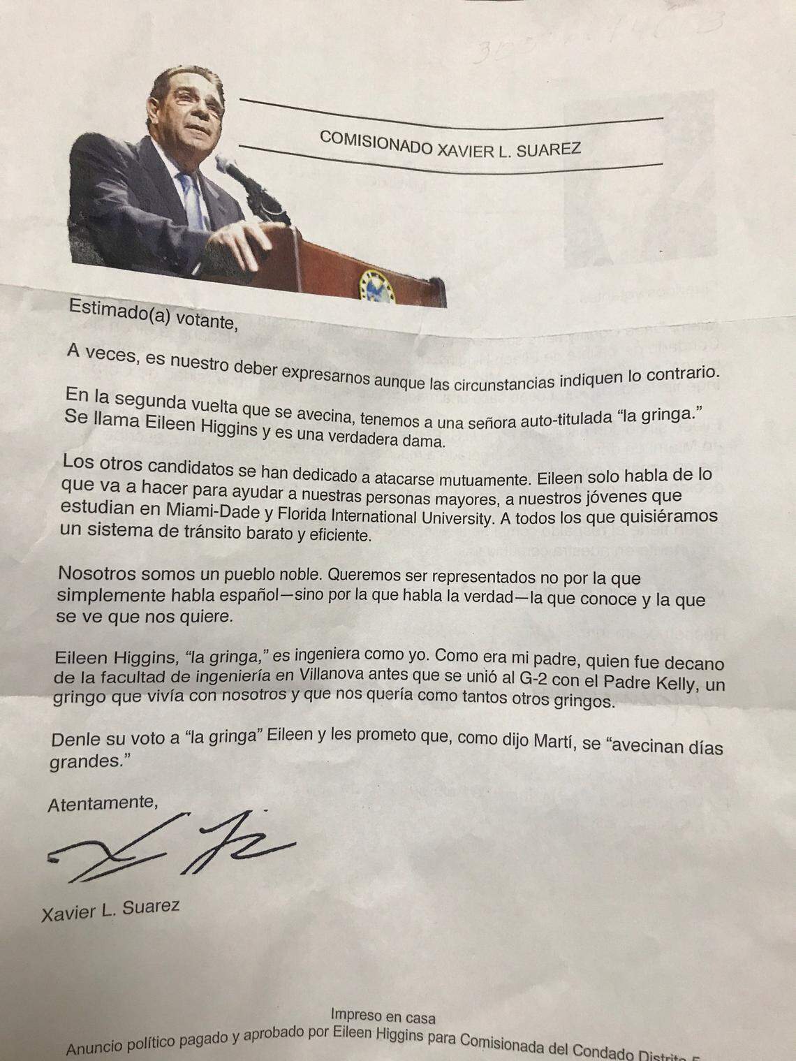 The letter Eileen Higgins' campaign sent to voters