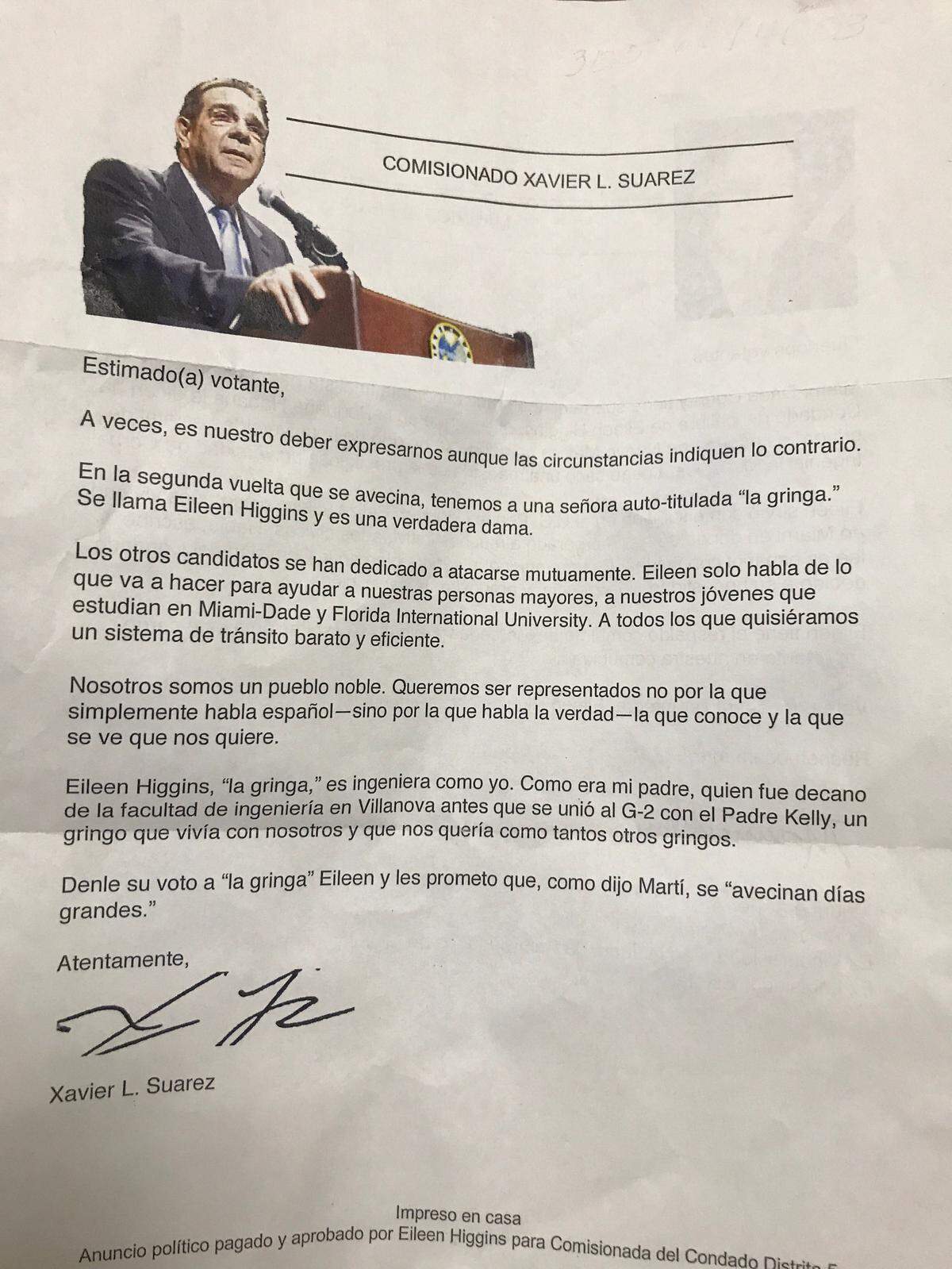 The letter Eileen Higgins' campaign sent to voters