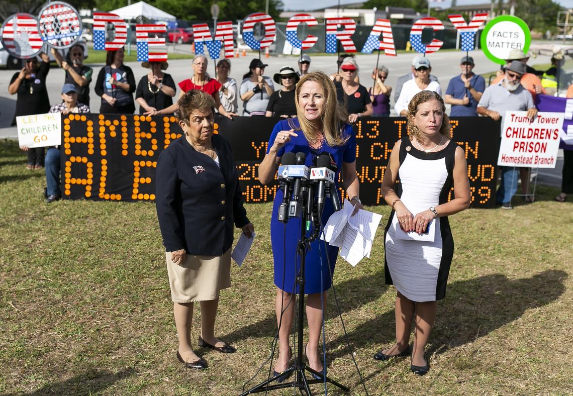 From left to right: Rep. Donna Shalala (D-FL), Rep. Debbie Mucarsel-Powell (D-FL) and Rep. Debbie Wasserman Schultz (D-FL) speak to the media after being denied entrance to the Homestead Temporary Shelter for Unaccompanied Migrant Children by the Trump administration in Homestead, Florida on Monday, April 8, 2019.
