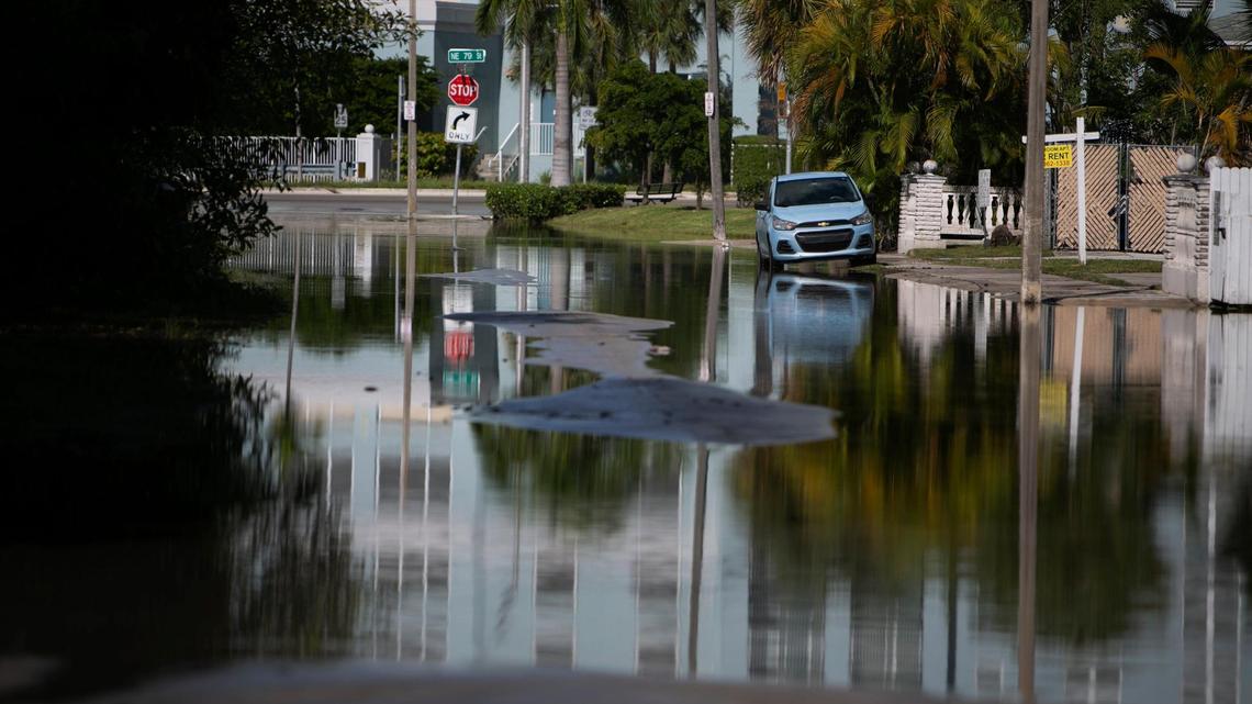 A lone car is parked on a flooded street near the intersection of Northeast Bayshore Drive and Northeast 78th Road Tuesday afternoon, Nov. 9, 2021. The flooded streets were due to King Tides. This level of flooding could be much more common by mid-century as sea levels rise.