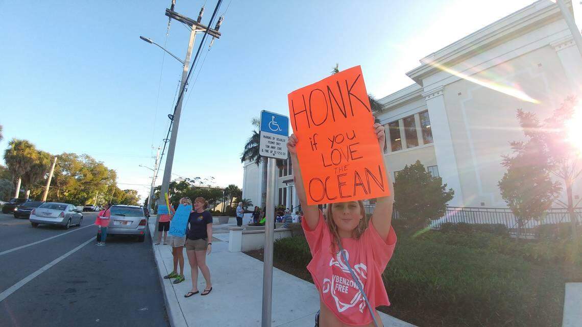 Kara Norman, 12, a scuba diver, shows her support for a ban on the sale of certain sunscreens at Key West City Hall on Tuesday, Feb. 5, 2019.