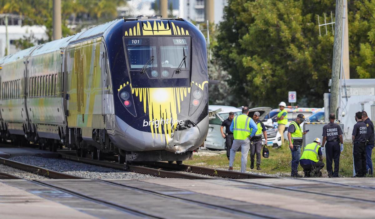 A car on the railroad tracks was struck by a Brightline train on the southeast edge of Miami’s Wynwood area on Thursday, January 13, 2022.