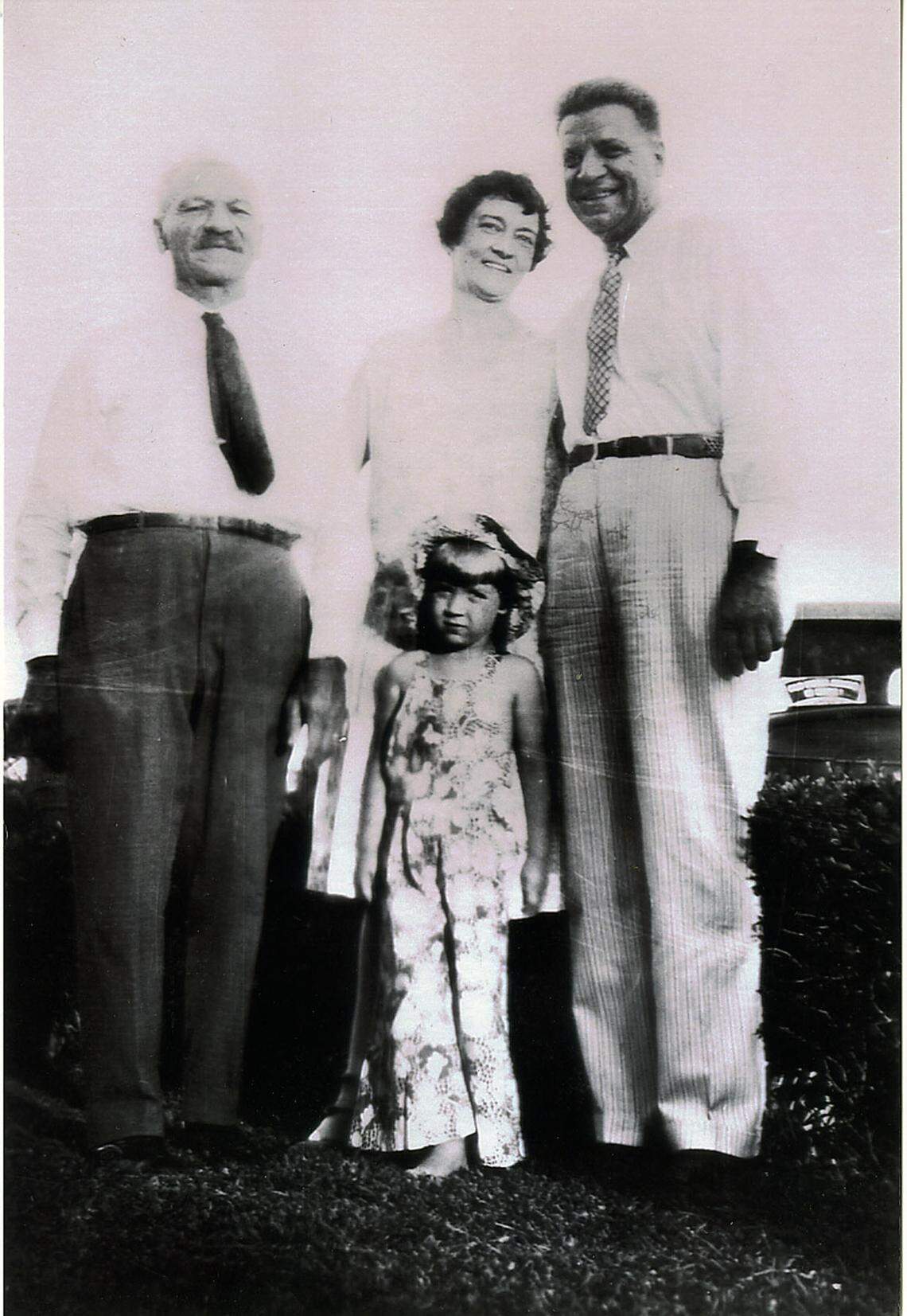 Jane Fuchs at about age 4 with her Grandfather Charles T. Fuchs and her parents Elizabeth and Charles Fuchs.