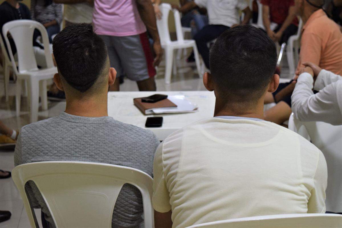 Venezuelan security forces, who abandoned the Nicolás Maduro regime, attend a meeting in Cúcuta, Colombia. More than 1,400 police and military officials and their families came to Colombia in February to support interim President Juan Guaidó.